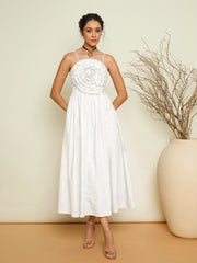 Women White Poplin Front Corsage Strappy Maxi Dress