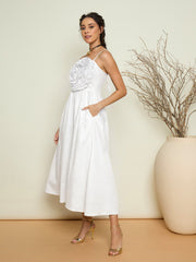 Women White Poplin Front Corsage Strappy Maxi Dress