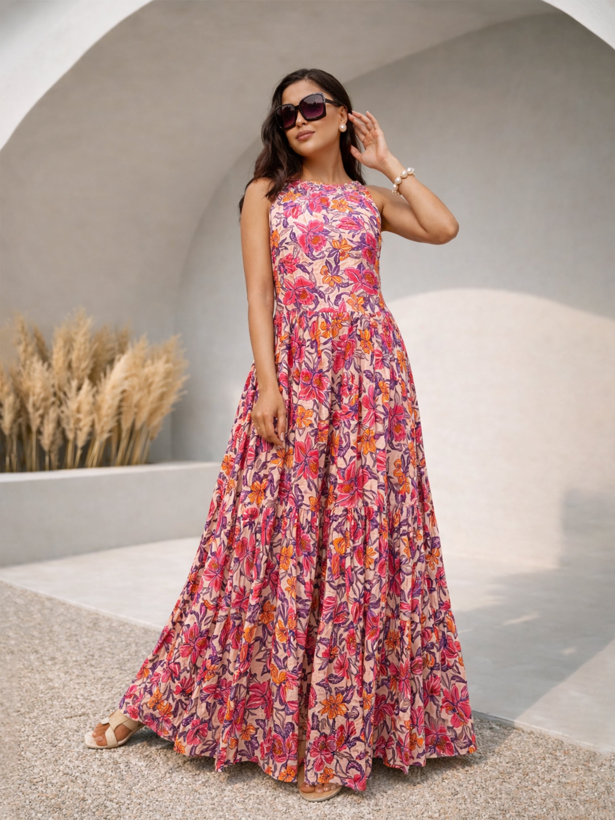 Women Pink Floral Crinkle Halter Neck Flared Hem Maxi Dress