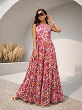 Women Pink Floral Crinkle Halter Neck Flared Hem Maxi Dress
