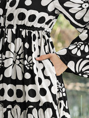 Women Black & White Floral V Neck Waist Tie Knot Maxi Dress