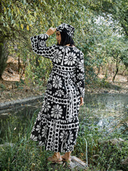 Women Black & White Floral V Neck Waist Tie Knot Maxi Dress