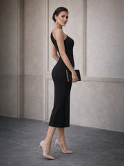 Women Black Rib One Shoulder Side Slit Midi Dress