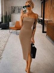 Women Beige Rib Off Shoulder Tube Midi Dress