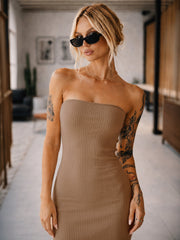 Women Beige Rib Off Shoulder Tube Midi Dress