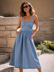 Women Light Blue Denim Strappy Midi Dress