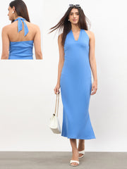 Women Blue Halter Neck Bodycon Midi Dress