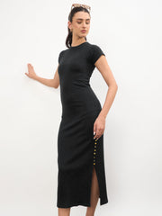 Women Black Rib Short Sleeves Bodycon Midi Dress