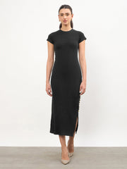 Women Black Rib Short Sleeves Bodycon Midi Dress