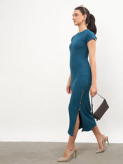 Women Teal Rib Short Sleeves Bodycon Midi Dress
