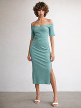 Women Sea Green Rib Off-Shoulder Bodycon Midi Dress