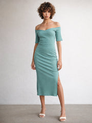 Women Sea Green Rib Off-Shoulder Bodycon Midi Dress