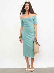 Women Sea Green Rib Off-Shoulder Bodycon Midi Dress