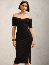 Women Black Rib Off-Shoulder Bodycon Midi Dress
