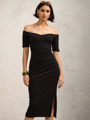 Women Black Rib Off-Shoulder Bodycon Midi Dress