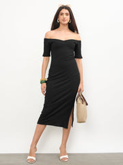 Women Black Rib Off-Shoulder Bodycon Midi Dress