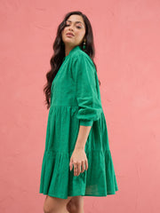 Women Green Schiffli Short Mandarin Collar Dress
