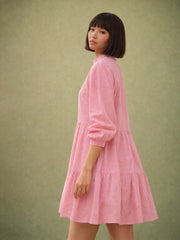 Women Pink Schiffli Short Mandarin Collar Dress