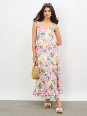 Women White Multi Floral Strappy Tiered Midi Dress