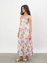 Women White Multi Floral Strappy Tiered Midi Dress