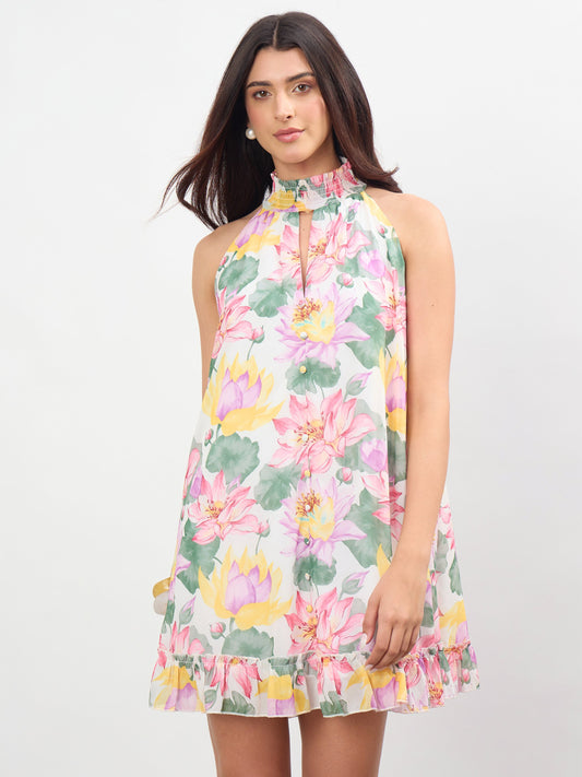 Women White Multi Floral Halter Neck A-Line Short Dress