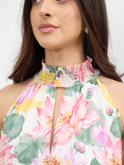 Women White Multi Floral Halter Neck A-Line Short Dress