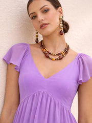 Women Purple Colour Blocked Frill Sleeves Tiered Maxi Dress