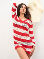 Women Red & White Crochet Full Sleeve Short Beach Dress