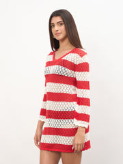 Women Red & White Crochet Full Sleeve Short Beach Dress