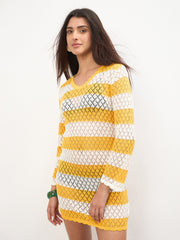 Women Mustard & White Crochet Full Sleeve Short Beach Dress