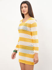 Women Mustard & White Crochet Full Sleeve Short Beach Dress