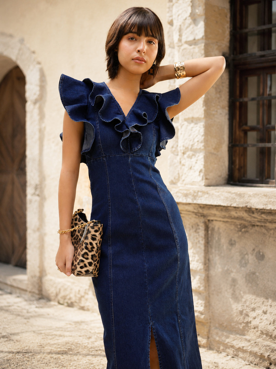 Women Navy V Neck Front Ruffle Midi Dress – Prasha Lifestyle