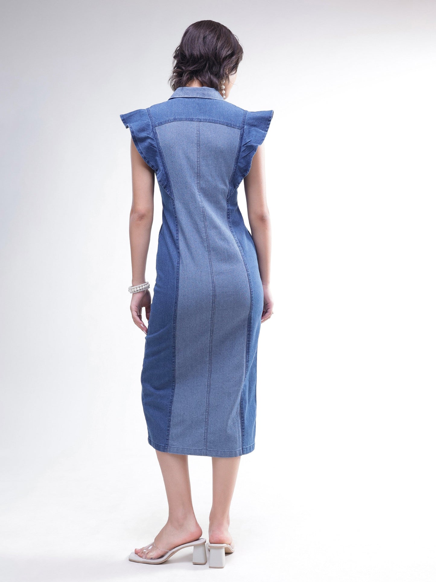 Blue Colour Block Denim Button Down Midi Dress -SASSAFRAS