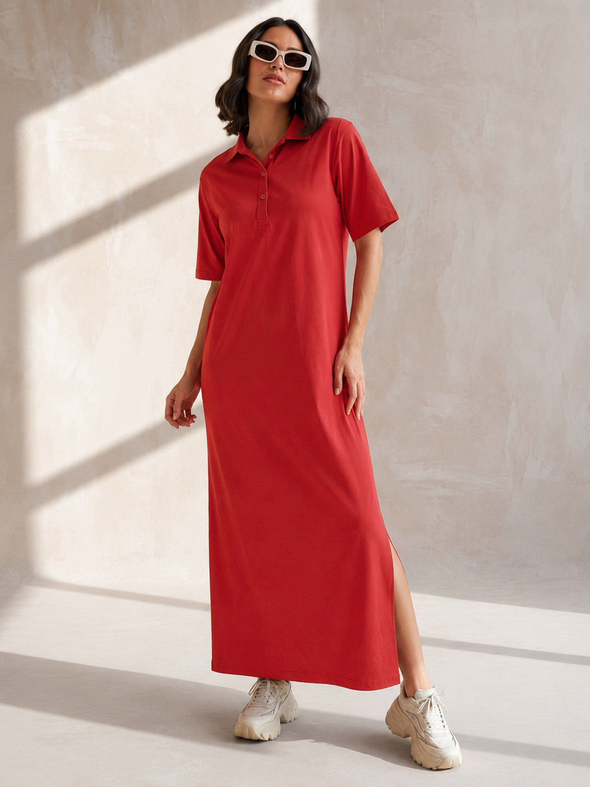 Red Oversized Polo Neck T-Shirt Maxi Dress-SASSAFRAS BASICS