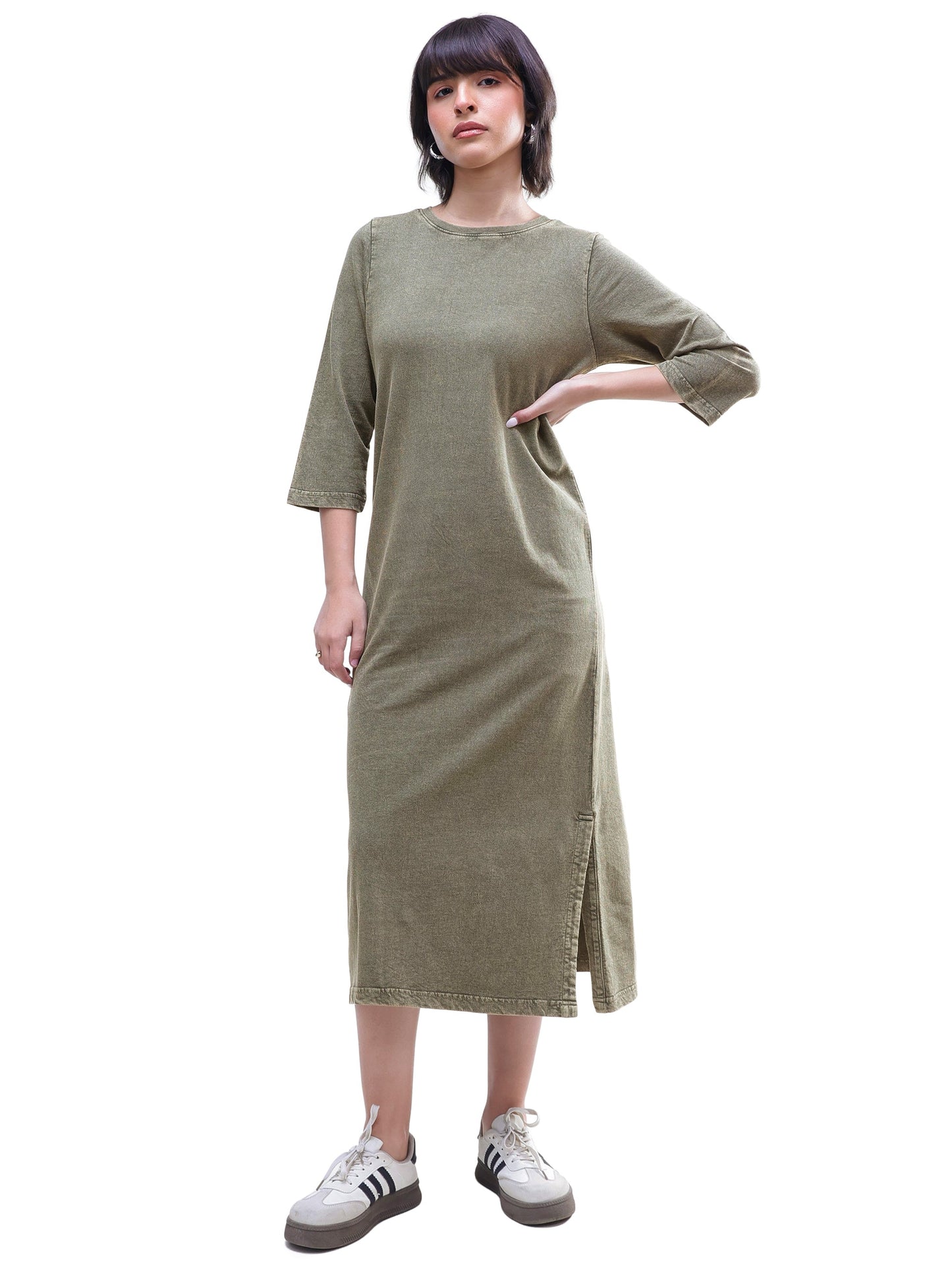 Green Overdyed Long Sleeves T-Shirt Maxi Dress-SASSAFRAS BASICS