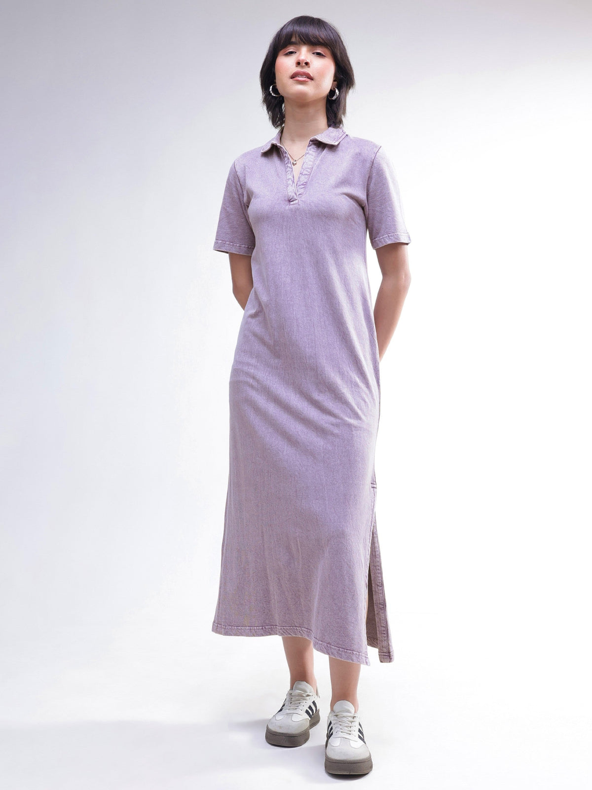 Lavender Overdyed Polo Neck T-Shirt Maxi Dress-SASSAFRAS BASICS