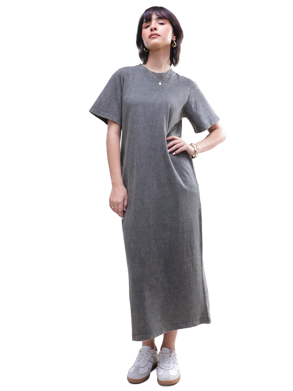 Grey Overdyed Short Sleeves T-Shirt Midi Dress-SASSAFRAS BASICS