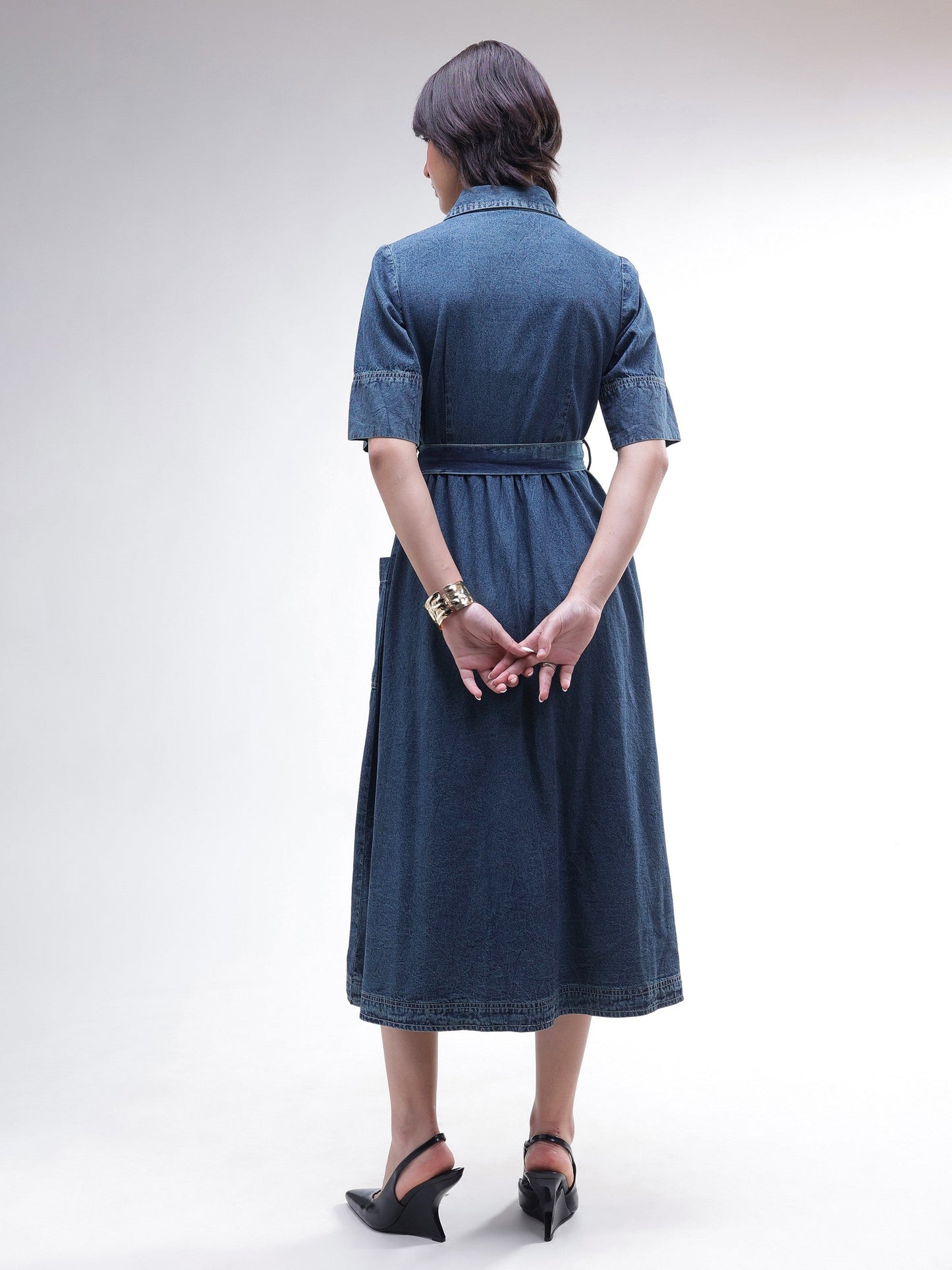 Blue Acid Washed Denim Belted Maxi Dress-SASSAFRAS