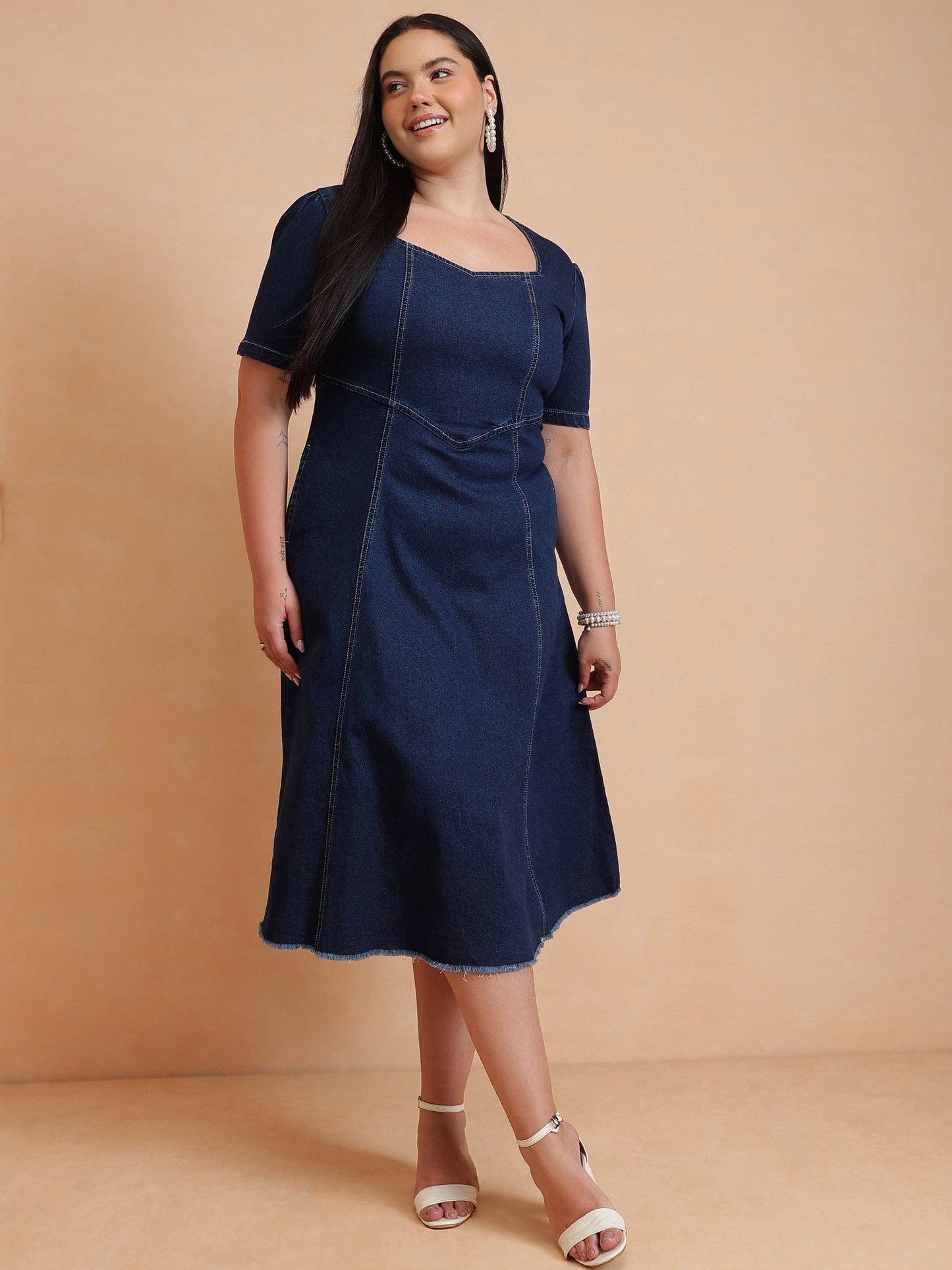 Navy Denim Low Waist Midi Dress-SASSAFRAS Curve