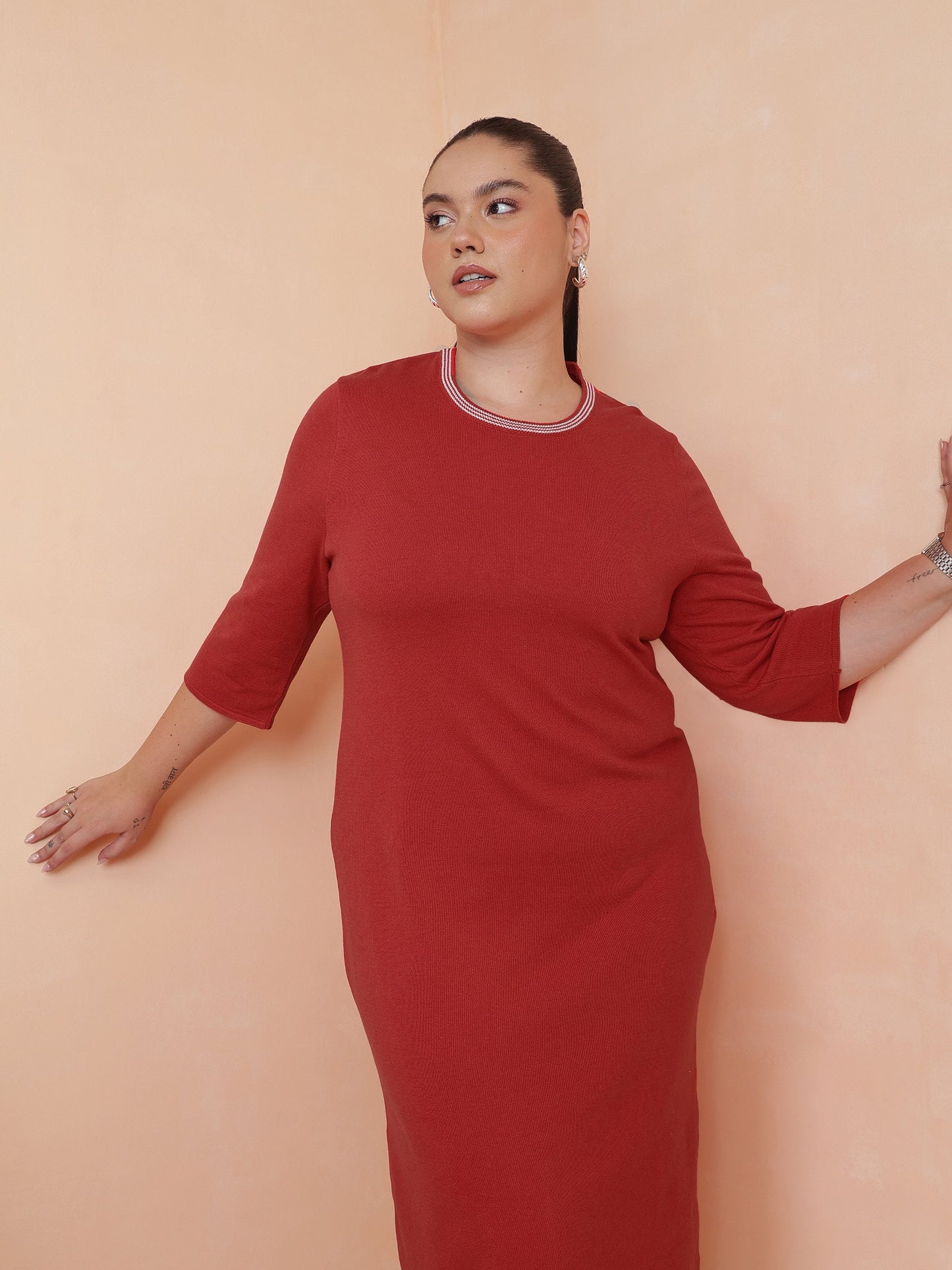 Red Knit Striped-Ribbed Neck Midi Dress-SASSAFRAS Curve