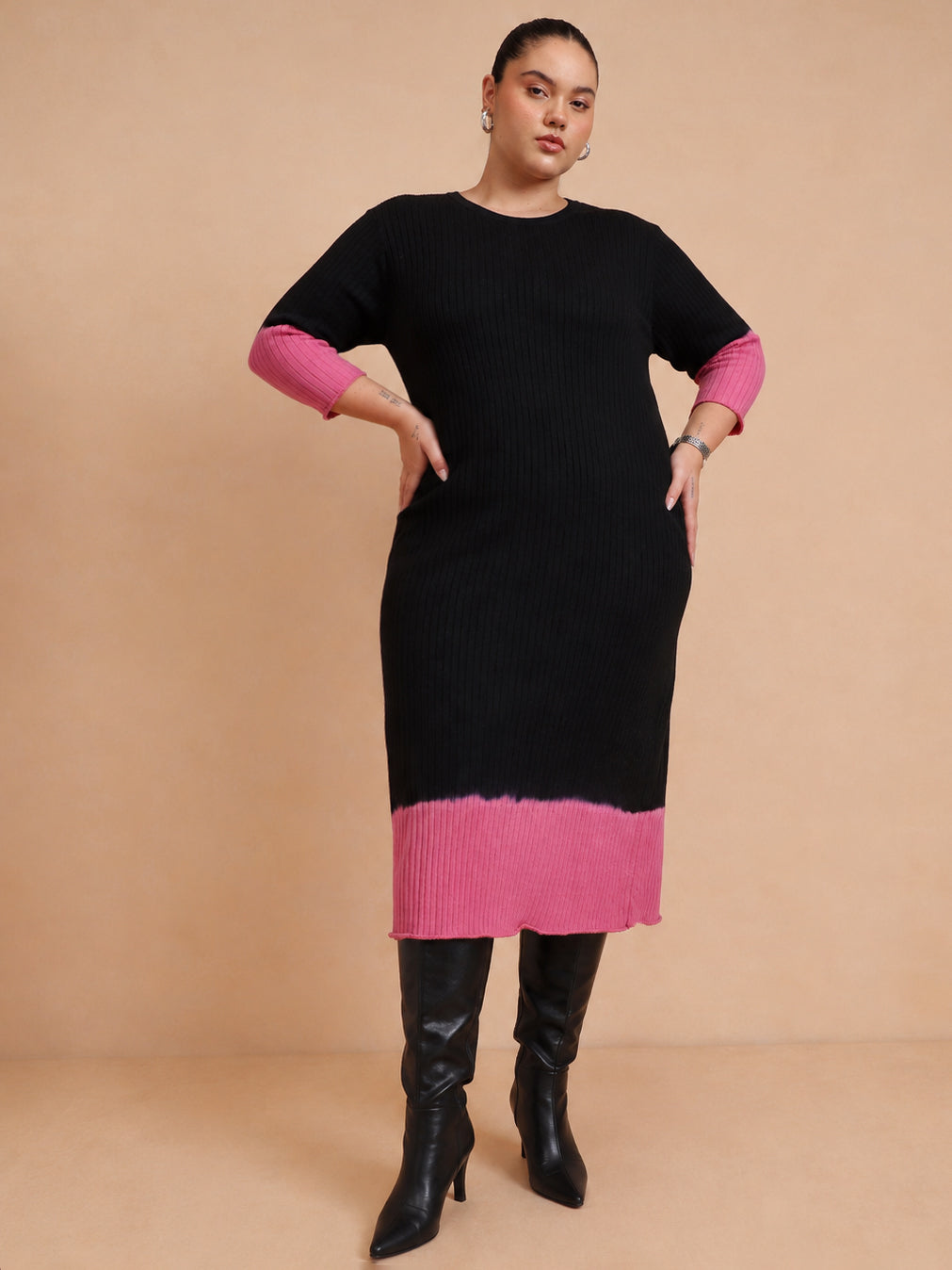 Black & Pink Knit Round Neck Midi Dress-SASSAFRAS Curve
