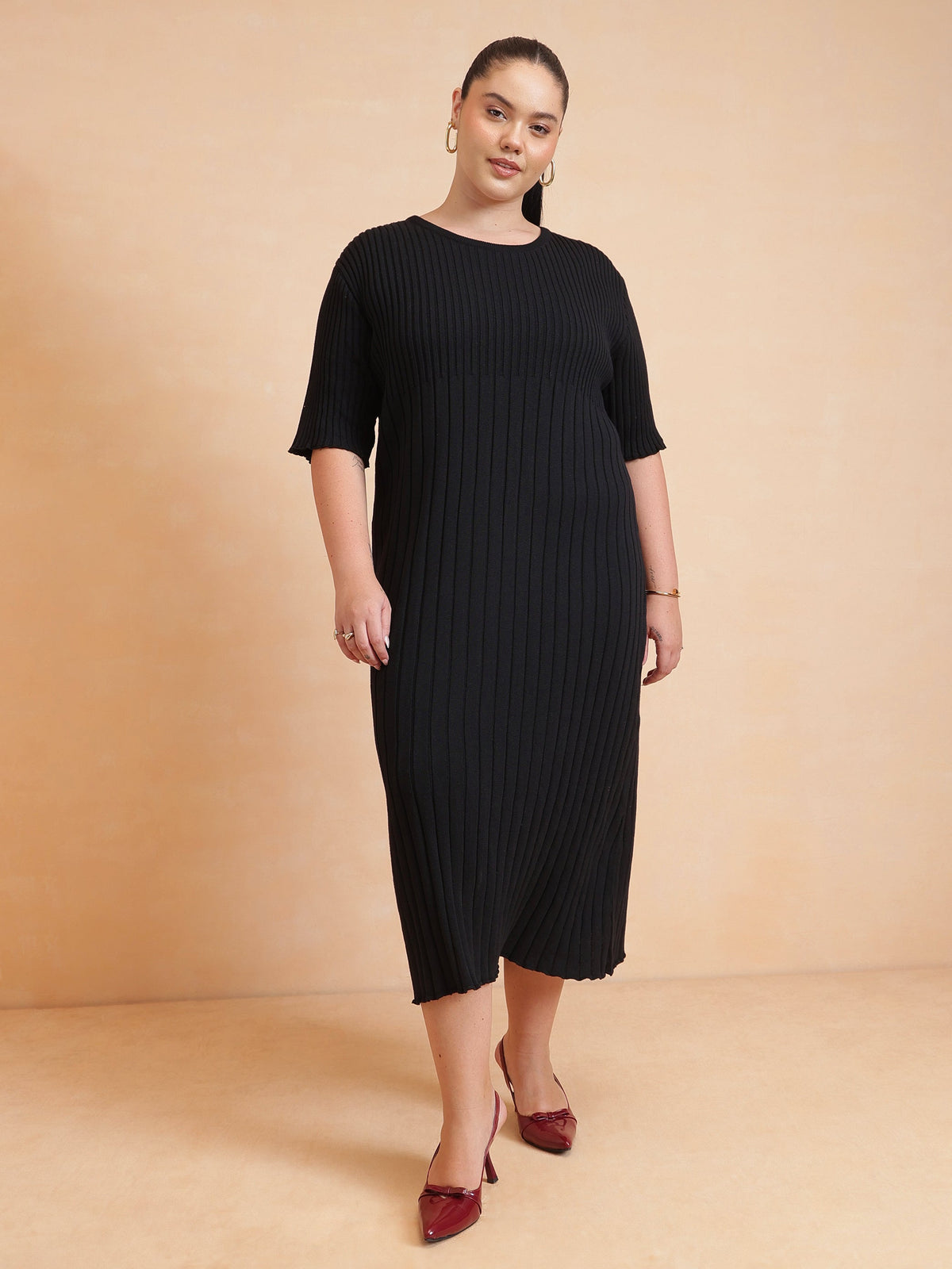 Black Knit A-Line Midi Dress-SASSAFRAS Curve