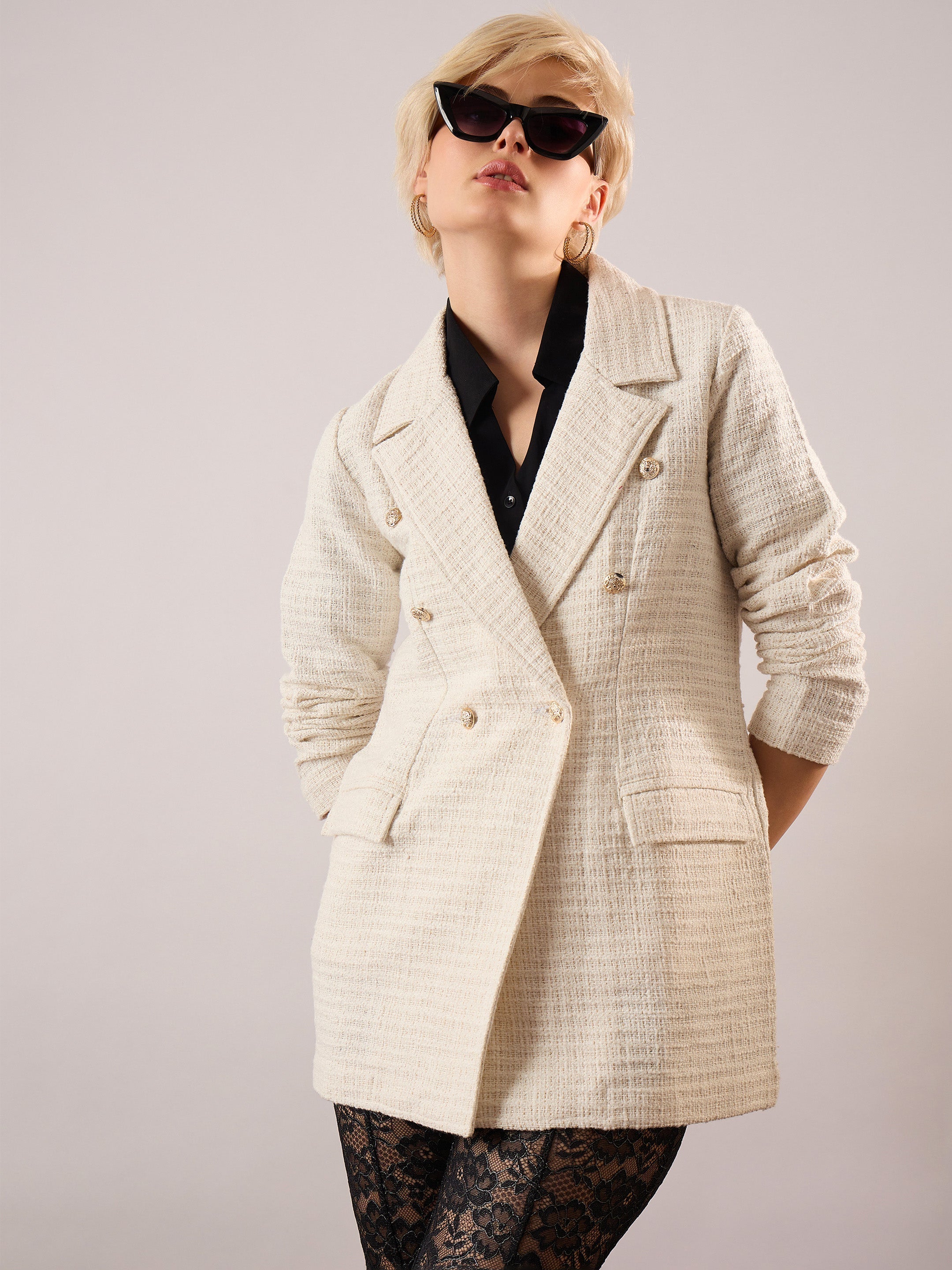 White Tweed Double Breasted Blazer SASSAFRAS