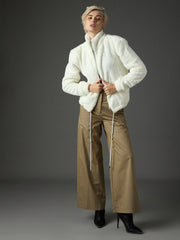 white drawstring faux fur jacket sassafras