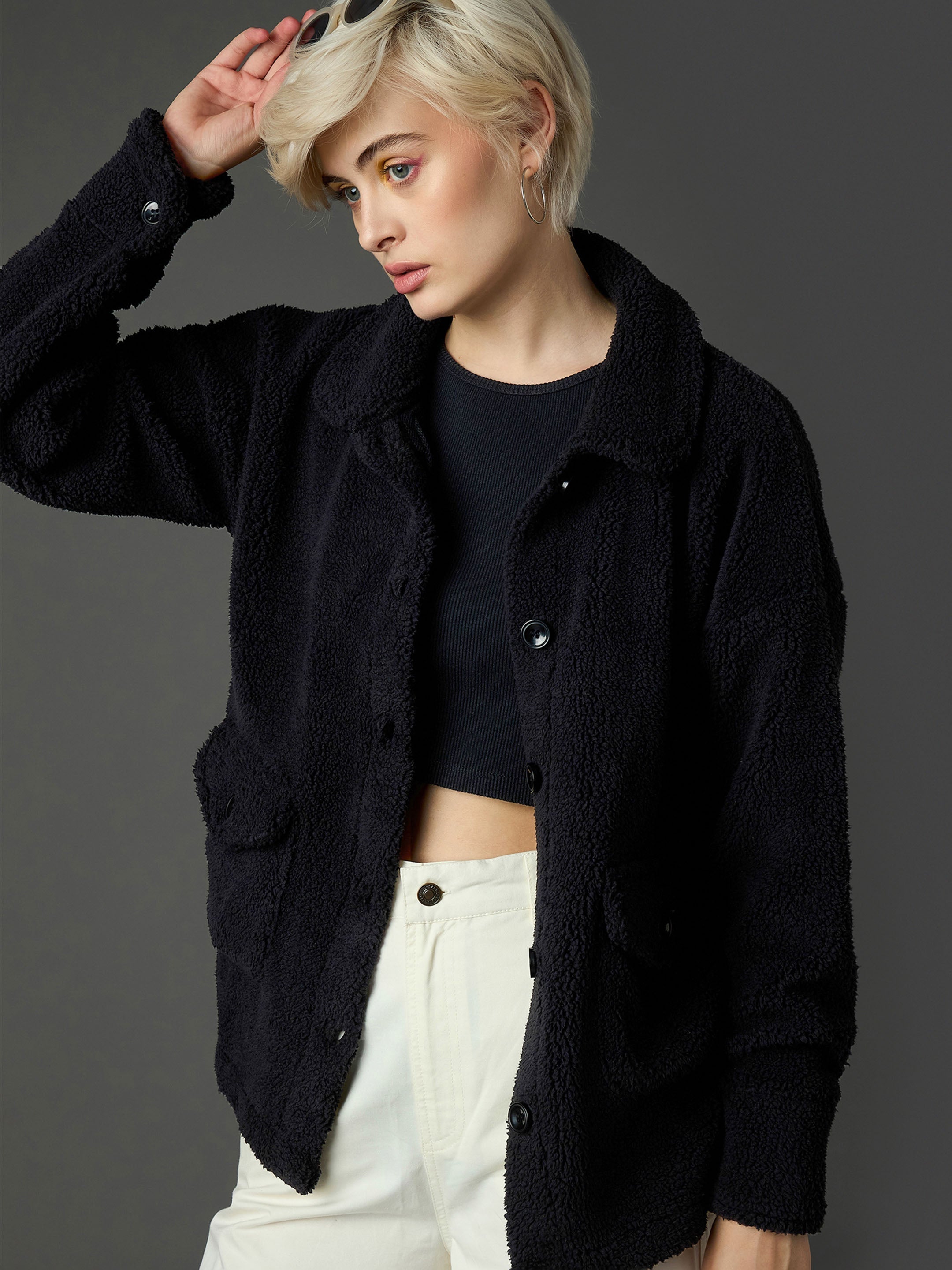 black faux fur oversized jacket sassafras