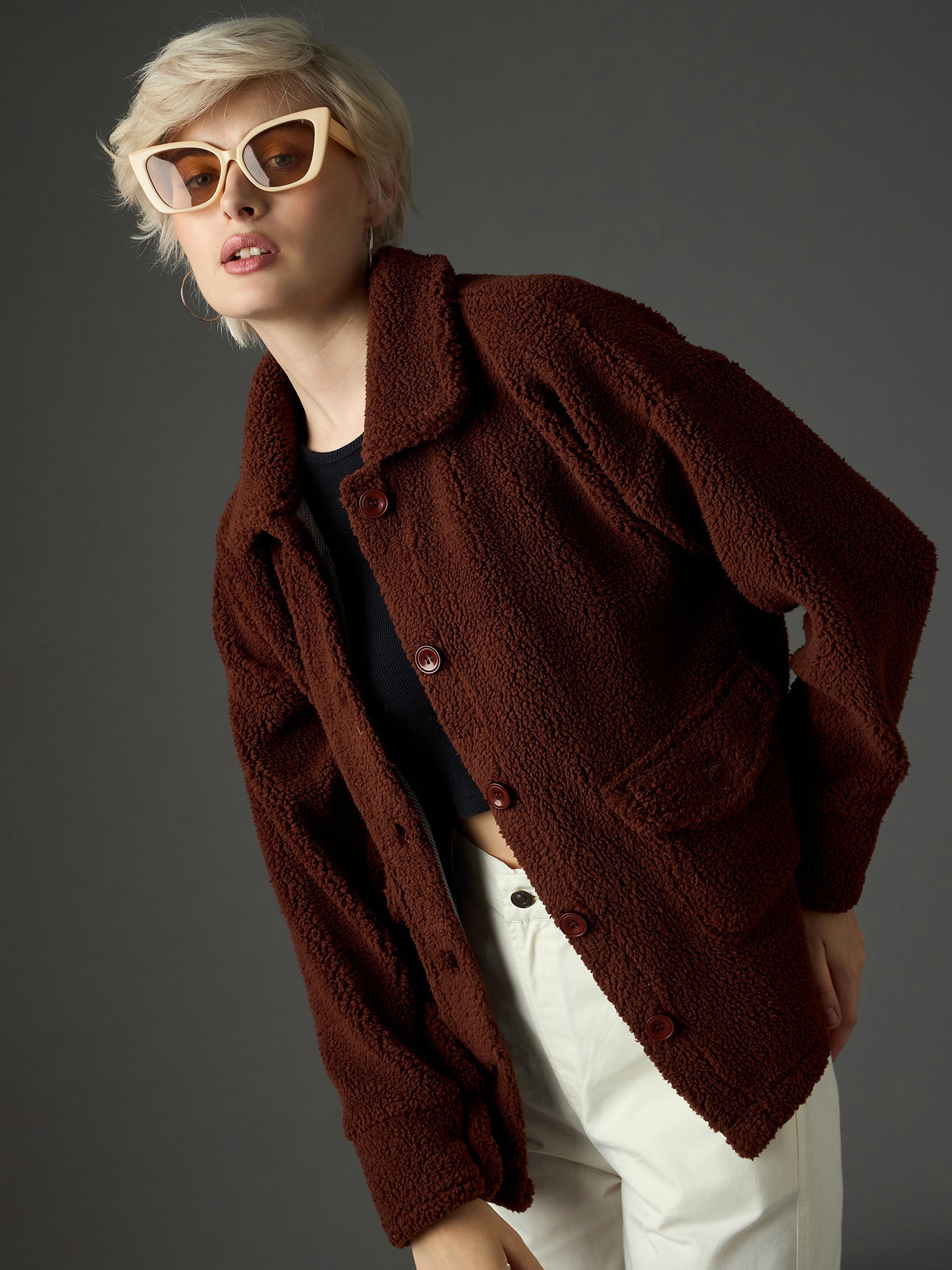 brown faux fur oversized jacket sassafras