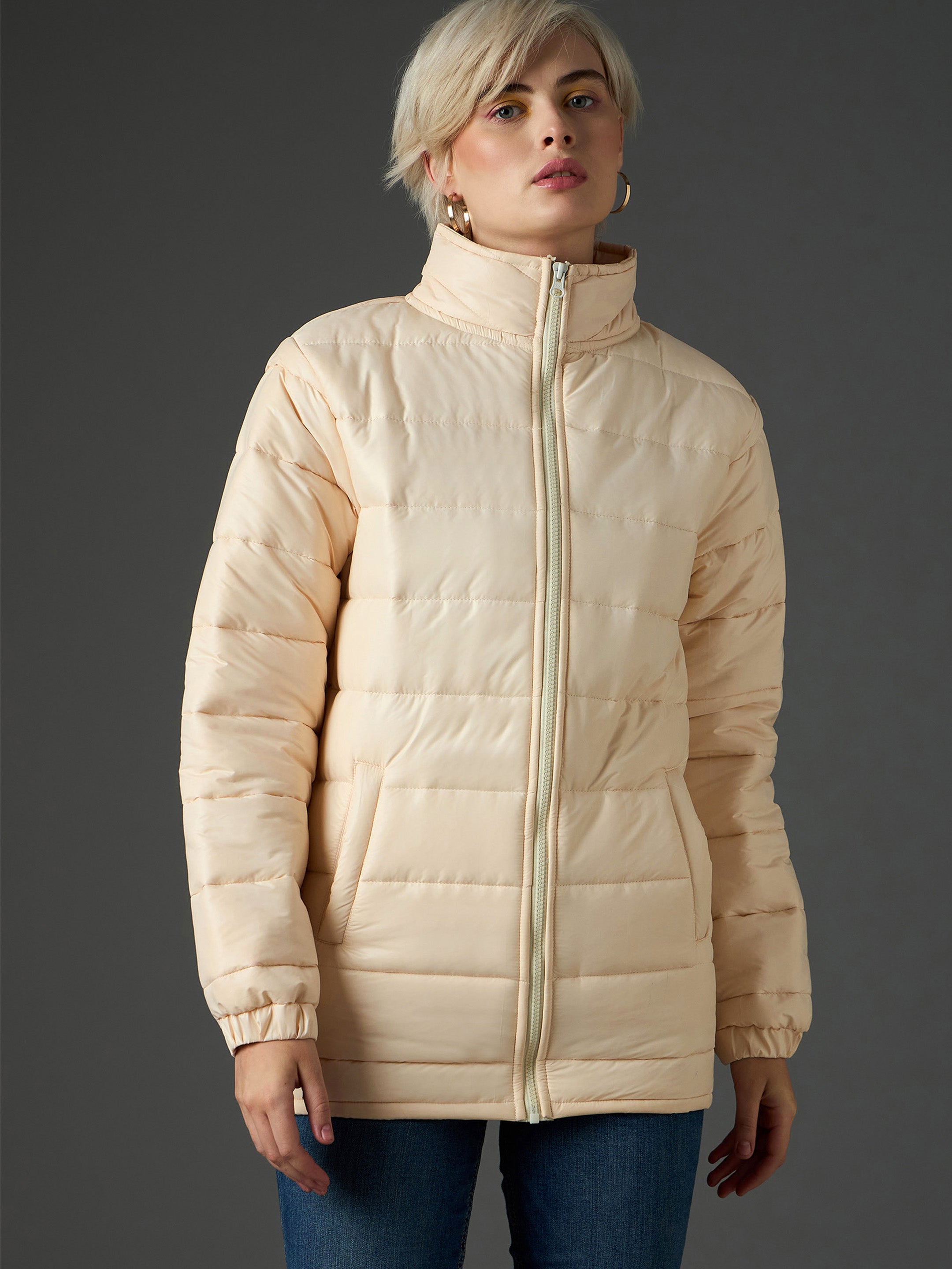 peach high neck horizontal quilt puffer jacket sassafras