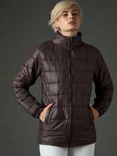 brown high neck horizontal quilt puffer jacket sassafras