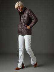 brown high neck horizontal quilt puffer jacket sassafras