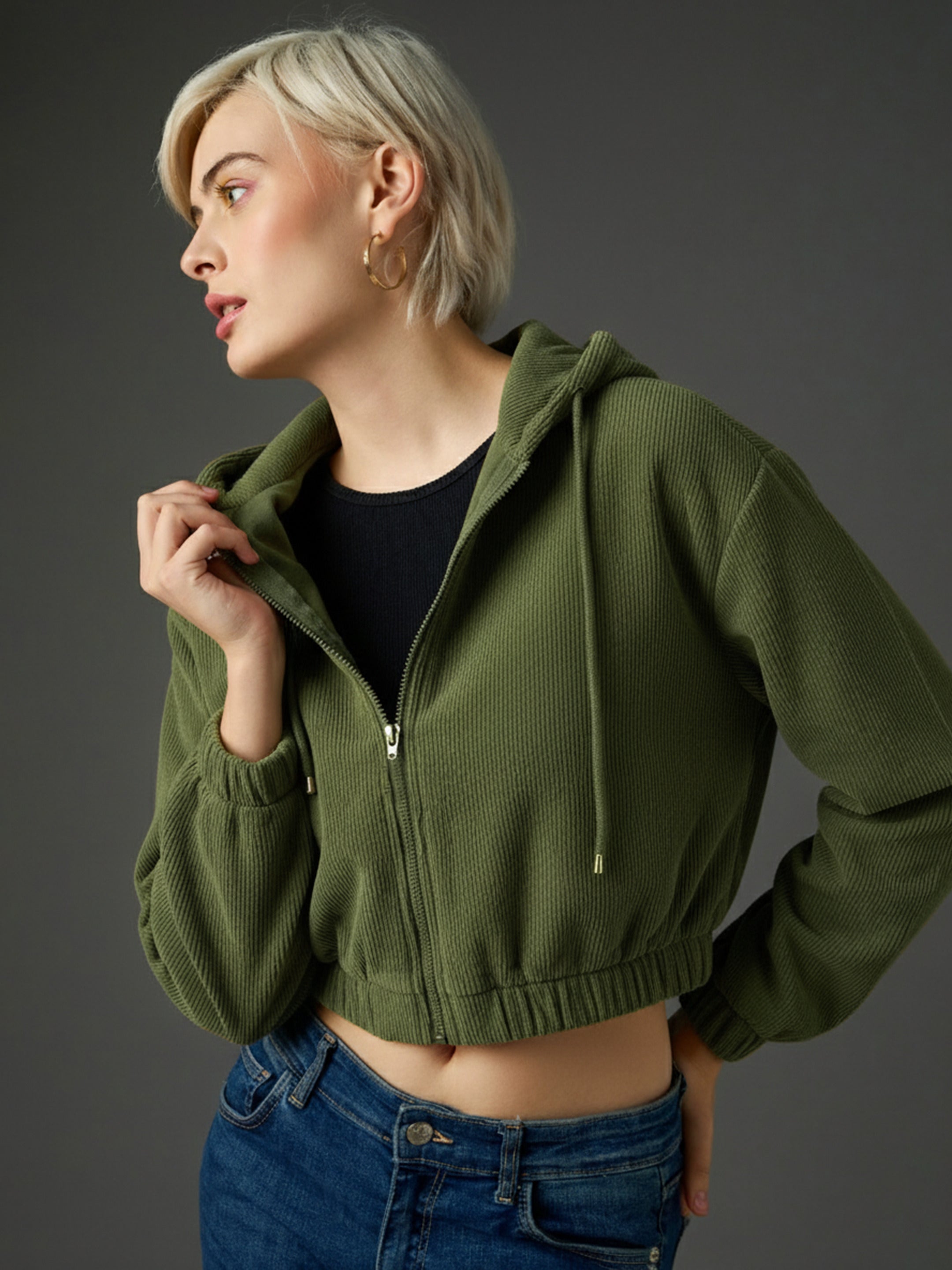 olive hooded boxy corduroy crop jacket sassafras